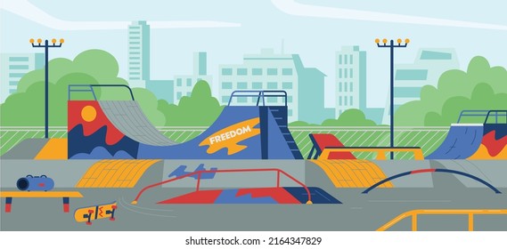 Empty skateboarding area for extreme sports using rollerblades, skateboards and scooters, flat cartoon vector illustration. Skateboarding skatepark ground with slides.