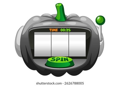 Empty Slot machine in the shape of black pumpkin for 2D games. Halloween slot machine, button SPIN. 2D game asset. Halloween Bonus Popup