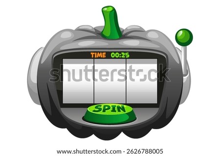 Empty Slot machine in the shape of black pumpkin for 2D games. Halloween slot machine, button SPIN. 2D game asset. Halloween Bonus Popup