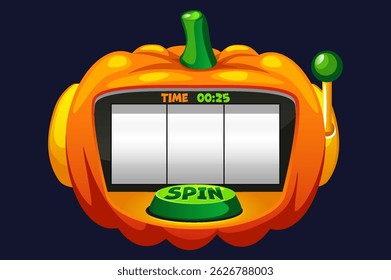 Empty Slot machine in the shape of pumpkin for 2D games. Halloween slot machine, button SPIN. 2D game asset. Halloween Bonus Popup. Vector file with layers for creating easy animation.