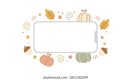 Empty smartphone screen framed by a decorative border of autumn pumpkins, acorns, and dry leaves for seasonal content display.
