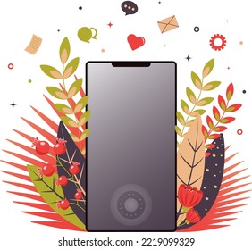 An empty smartphone screen in vertical orientation with leaves and plants. Vector illustration