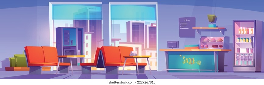 Empty snack bar interior with furniture and food, beverages in fridge, city buildings view in window. Canteen or cafe for visitors of hospital, business center or school. Vector cartoon illustration