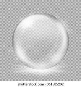 Empty snow globe. Big white transparent glass sphere with glares and, bursts, highlights. Vector illustration with gradients and effects. Winter background for your design and business