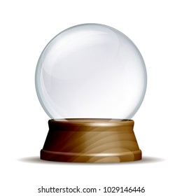 Empty snow globe. Magic glass sphere on wooden pedestal isolated on white background. Vector illustration EPS 10