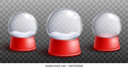 Empty snow globe set, realistic holiday decoration glass balls with snowflakes, magical winter and Christmas souvenir, isolated vector illustration on transparent background