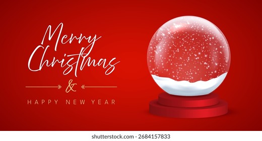 Globo de nieve vacío con copos de nieve sobre fondo rojo con felicitaciones festivas. Feliz año Nuevo tarjeta de felicitación Plantilla de Vector. Anuncio Horizontal de las redes sociales de Navidad, cartel, postal.