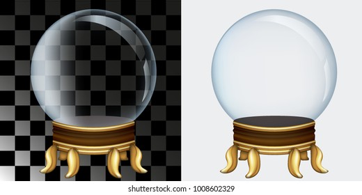 Empty snow globe, vector on transparent and white background, isolated, gold decoration with curved legs
