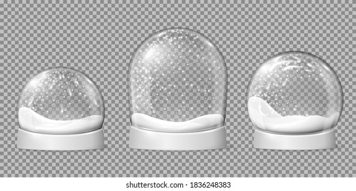 Bolas de nieve vacías. Globo de nieve, forma esférica cúpula brillante. Bote de vacaciones en base y copos de nieve dentro, juguetes de navidad reciente vector