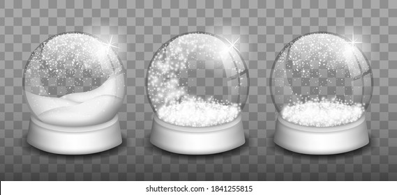 Bolas de nieve vacías. Globo de nieve, forma esférica cúpula brillante. Bolas de nieve de vidrio vectorial con nieve blanca de navidad y copos de nieve cayendo.