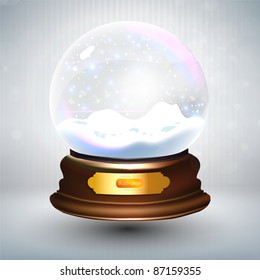 Empty snowglobe against a bright defocused background with glittering lights and snowflakes for Christmas design. Customize by inserting your own object. EPS10 vector.