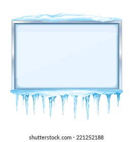Empty snowy winter bulletin board with icicles and metal frame, eps10 isolated