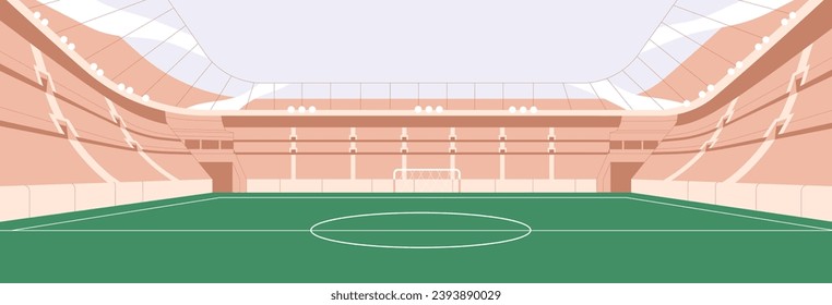 Empty soccer stadium. Football field, sports arena background. Playground with green grass, lawn and lines, seats rows, horizontal panorama. Foot ball place for playing game. Flat vector illustration