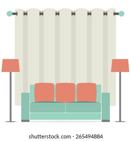 Empty Sofa In Front Of Brown Curtain Vector Illustration