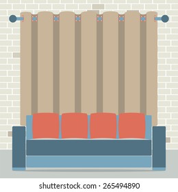 Empty Sofa In Front Of Brown Curtain And Brick Background