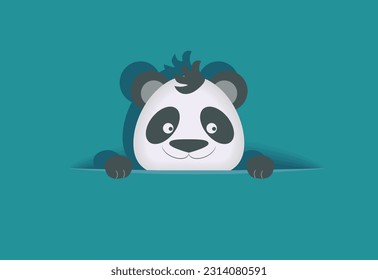 Empty solid blue background with hiding panda. Template for holiday postcard or greeting card