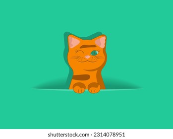 Empty solid green background with hiding ginger tabby cat. Template for holiday postcard or greeting card