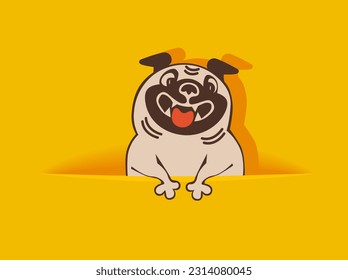 Empty solid yellow background with hiding pug. Template for holiday postcard or greeting card