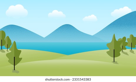 Empty space background, landscape view of hills on the edge of the lake and rows of mountains in the distance. Simple cartoon illustration for family trip and travel, adventure