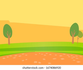 Empty space for cafe or store, nobody field with trees for restaurant, landscape in yellow color. Terrace with park, public place, city or town, business industry, tourism occupation, scene vector