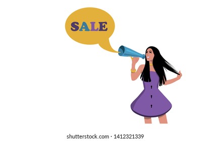 Empty space concept. Summer sale tag with a beautiful smiling happy woman holding a megaphone