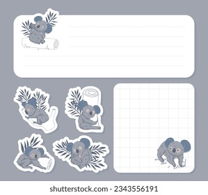 Empty Space with Grey Koala Animal with Eucalyptus Branch Vector Template