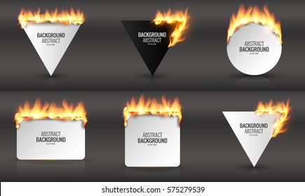 Empty space for an inscription with burning paper. Vector graphics with realistic effects of fire, flame, light. Design element. A background for your label. Burning paper effect.