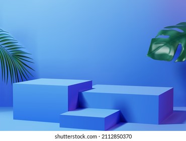 Empty space for presentation on geometric square podium with tropical leaf on hard blue background. 3d rendering design.