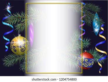 empty space for your text on a Christmas background consisting of Christmas tree toys serpentine and fir branches