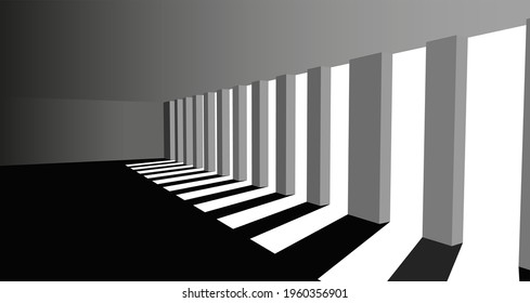 Empty spacious gallery hall with huge columns . 3D black  and white interior. Architectural vector background.