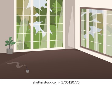 Empty spacious room flat color vector illustration. Cozy apartment 2D cartoon interior with no furniture on background. Large accommodation room with aroma sticks, decorative plant and nobody inside