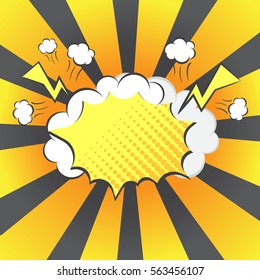 Empty speech box in explosion style. Boom comic retro label.