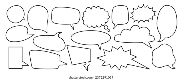 Empty speech boxes, chat message icons, thinking signs. Outline vector illustrations isolated on white background