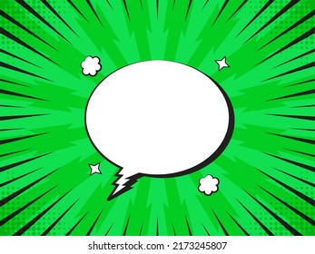 Empty Speech Bubble Against Green Lightning Bolts Rays Background.