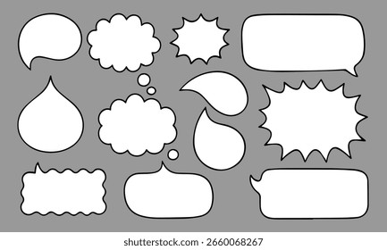 Empty speech bubble. Cartoon text box for message, comic white talk sticker. Doodle speaker comments. Balloon and cloud elements for lettering isolated. message box.