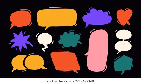 Coleção de bolhas de fala vazia. Conjunto de caixa de texto de desenho animado colorido brilhante. Pacote de balão de mensagem de bate-papo em quadrinhos para cartaz, etiqueta, tag, banner, crachá, adesivo. Quadro de doodle de arte pop vetorial ou pacote de borda.