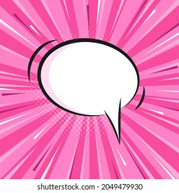 Empty speech bubble. Comics speech bubble for text. White empty dialog cloud on bright pink background with zoom lines and halftone.