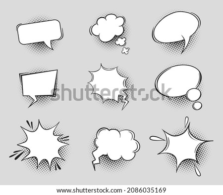 Empty speech bubble halftone. Cartoon comic bubbles for text, speak clouds, pop art talk chat retro message communication, dialog frame shape sound effect, neat outline vector icons illustration