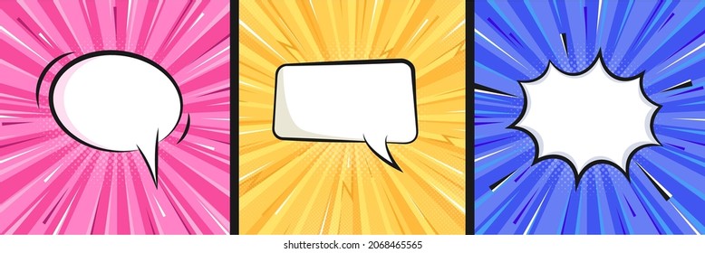 Empty speech bubble set. Collection of flat comic style backgrounds with zoom lines and halftone. Pink, yellow and blue comic style wallpaper. Square Orientation.