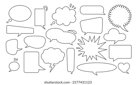 Empty speech bubbles collection in line art style isolated on white background.