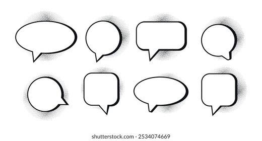 Empty speech bubbles decorated with black halftone shadow in pop art style. Various shapes. Vector illustration