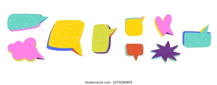 Bolhas de fala vazias. Faça rabiscos coloridos para bate-papo e mensagem. Discussão e conversa, janelas de diálogo de desenho de giz de cera. Esboço lápis. Pensando ícone de comunicação vetor isolado mão desenhado conjunto