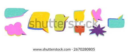 Empty speech bubbles. Doodle colorful forms for chat and message. Discussion and conversation, crayons drawing dialog windows. Sketch pencil. Thinking communication icon vector isolated hand drawn set