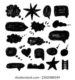 Empty speech bubbles doodle set , hand drawn of the charcoal crayon.   Communication frames, comic talk balloons in sketch style and stars, grunge texture. Vector illustration of freehand  icons.