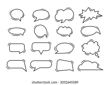 Empty speech bubbles in doodle style isolated on white background. Balloon vector outline illustration for meme, poster, tag, banner, hashtag, dialogue