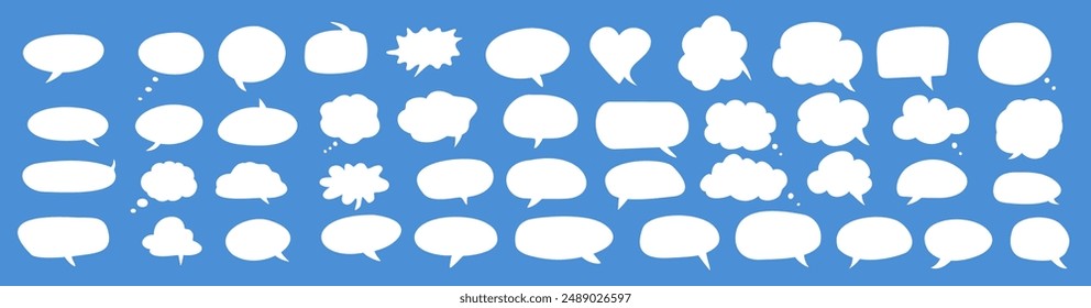 Empty speech bubbles flat white illustrations set on blue background. Speech balloons templates for communication vector icons bundle