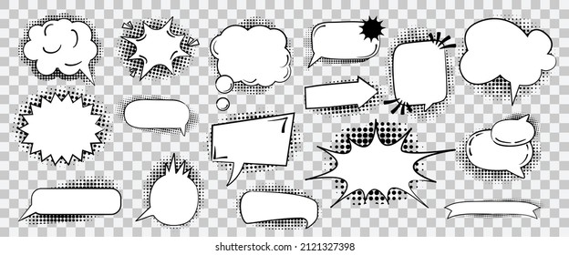 Empty speech bubbles with halftone shadows, pop art style on transparent background. Set of retro vector illustrations