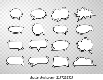 Empty speech comic bubbles in doodle style isolated on transparent background. Balloon vector outline illustration for meme, poster, tag, banner, hashtag, dialogue
