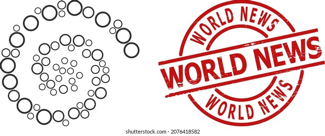 Empty sphere icon spiral cycle compositionwith World News grunge stamp. Empty sphere items are shaped into spiral design concept. Red stamp seal has World News text inside circle shape.