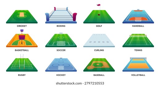 Empty sport field with stadium grounds. Cricket and boxing ring, golf and handball court, basketball and football field. Vector curling and tennis, rugby and hockey rink, baseball and volleyball